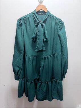 Shein Teal Tie-Neck Long Sleeve Dress Size Small 33x19